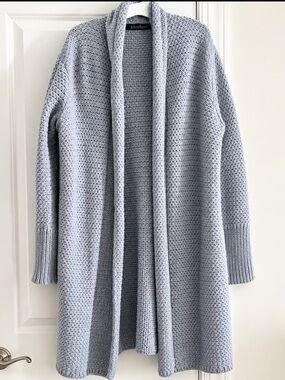 Irelandseye KILCOOLE CARDIGAN SWEATER BABY BLUE OPEN FRONT KNIT VIRGIN WOOL L